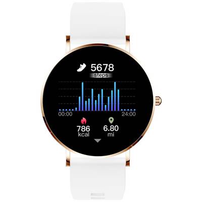 La montre connectée affiche 5678 pas, 6,80 miles, 786 kcal. Diagramme avec des barres représentant l'activité de 00:00 à 24:00. Bracelet de couleur blanche.