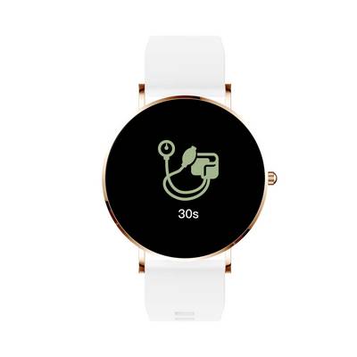 Une montre connectée avec un bracelet blanc affiche un symbole de stéthoscope et le chiffre '30s' sur son écran.