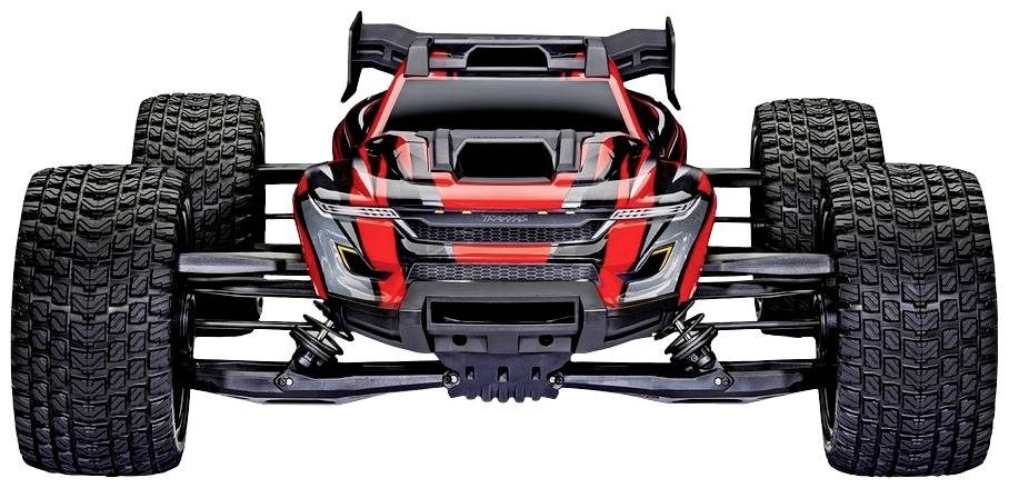 Une voiture télécommandée en rouge et noir avec de grandes roues robustes, vue de face. Parfaite pour les aventures tout-terrain.