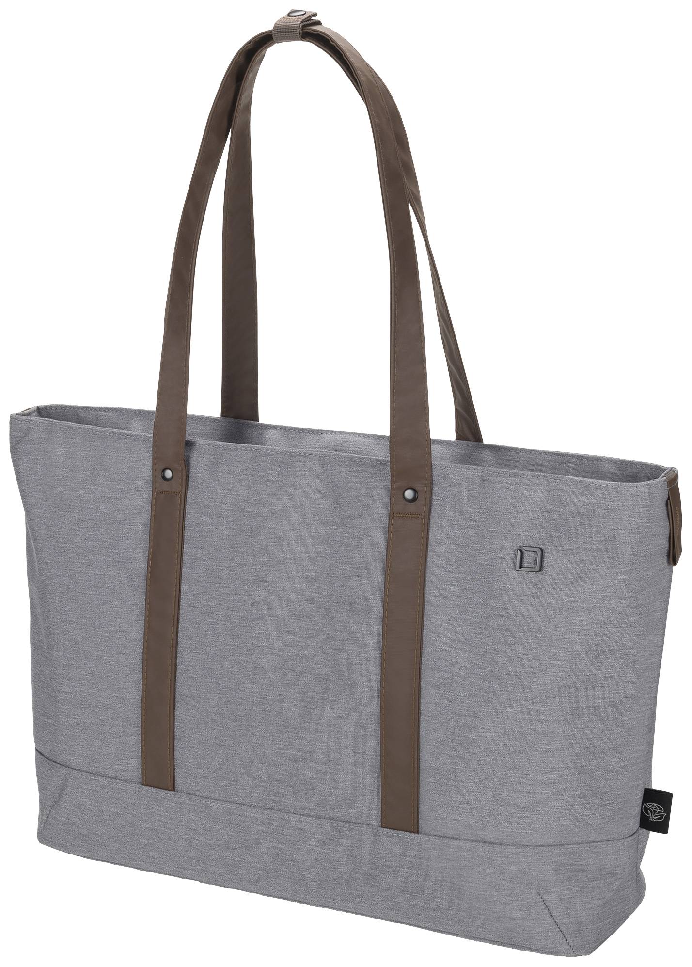 Sac de courses gris avec des anses brunes, adapté à un usage quotidien.