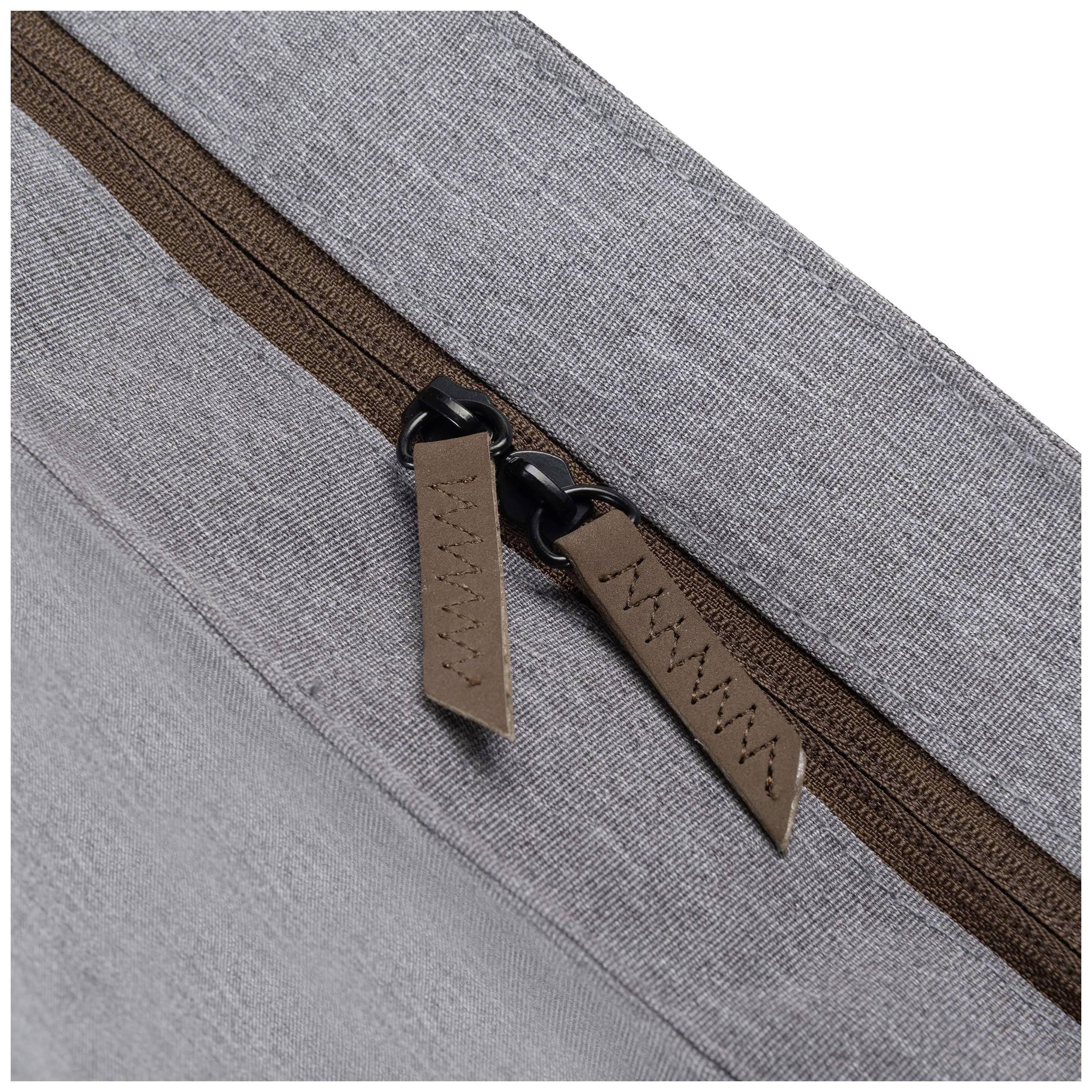 Fermeture éclair d'un sac gris avec des curseurs en cuir.