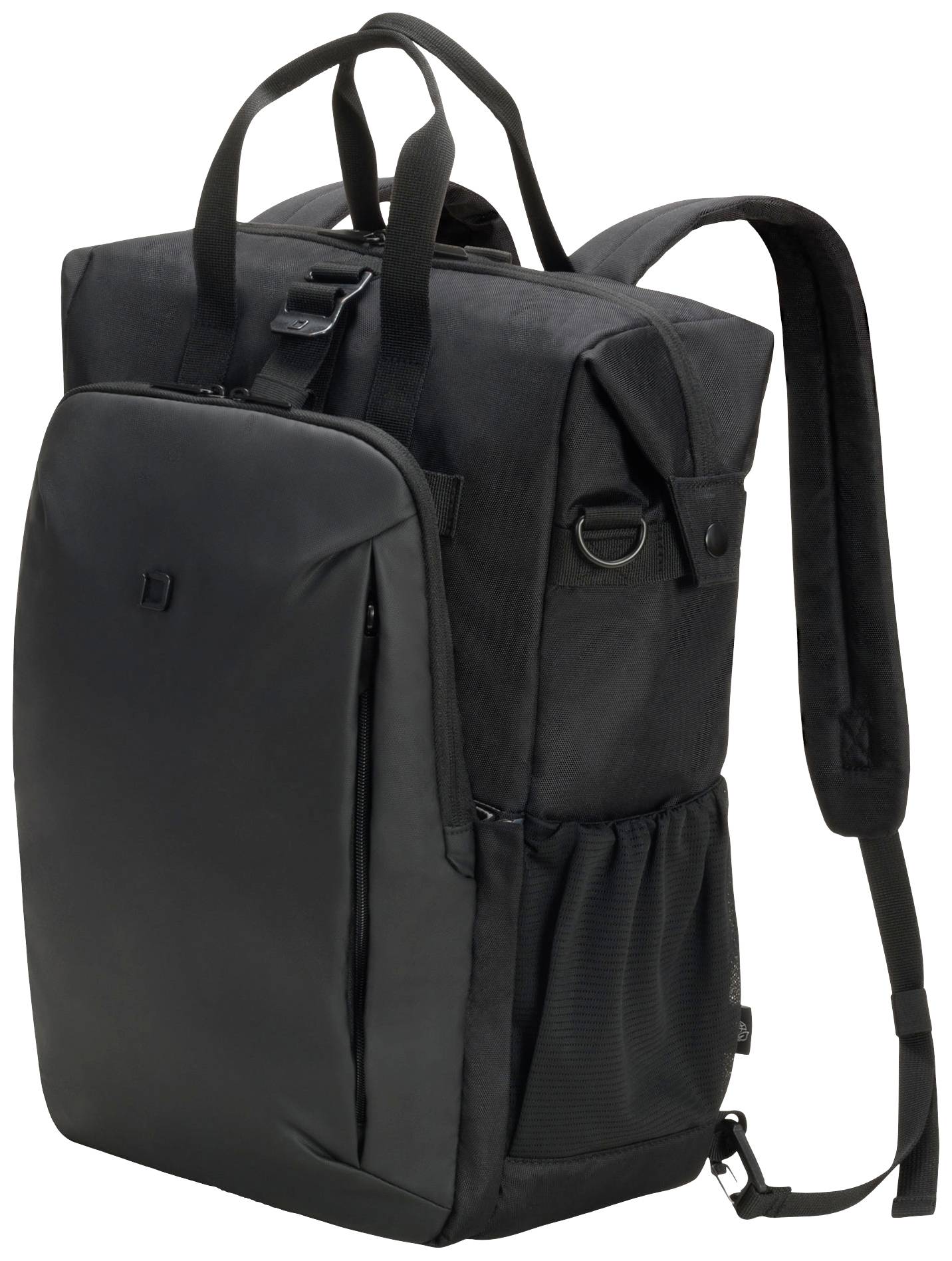 Sac à dos noir avec poignées de transport et sangles d'épaules réglables. Poche latérale en filet et compartiment à fermeture éclair visible sur l'avant.