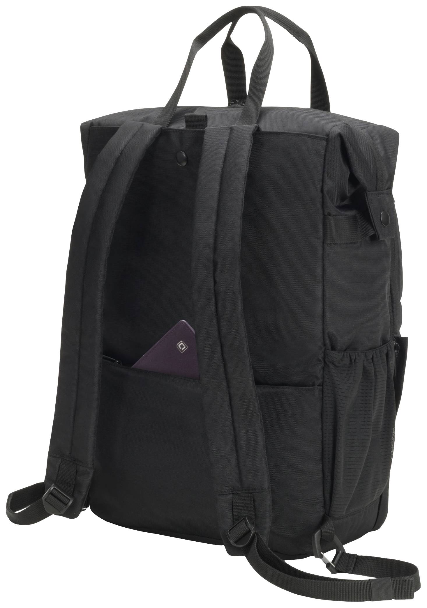 Un sac à dos noir avec deux bretelles et plusieurs compartiments, dont une poche en filet et une petite poche contenant un téléphone portable.