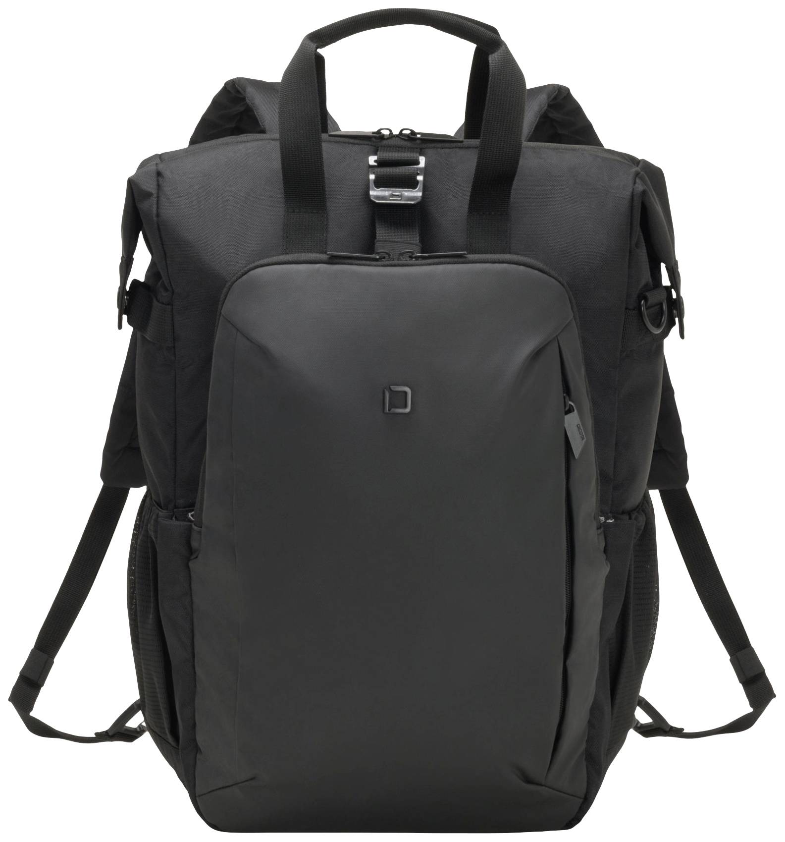 Sac à dos noir avec plusieurs compartiments, sangles réglables et poignée de transport, idéal pour les voyages ou l'usage quotidien.