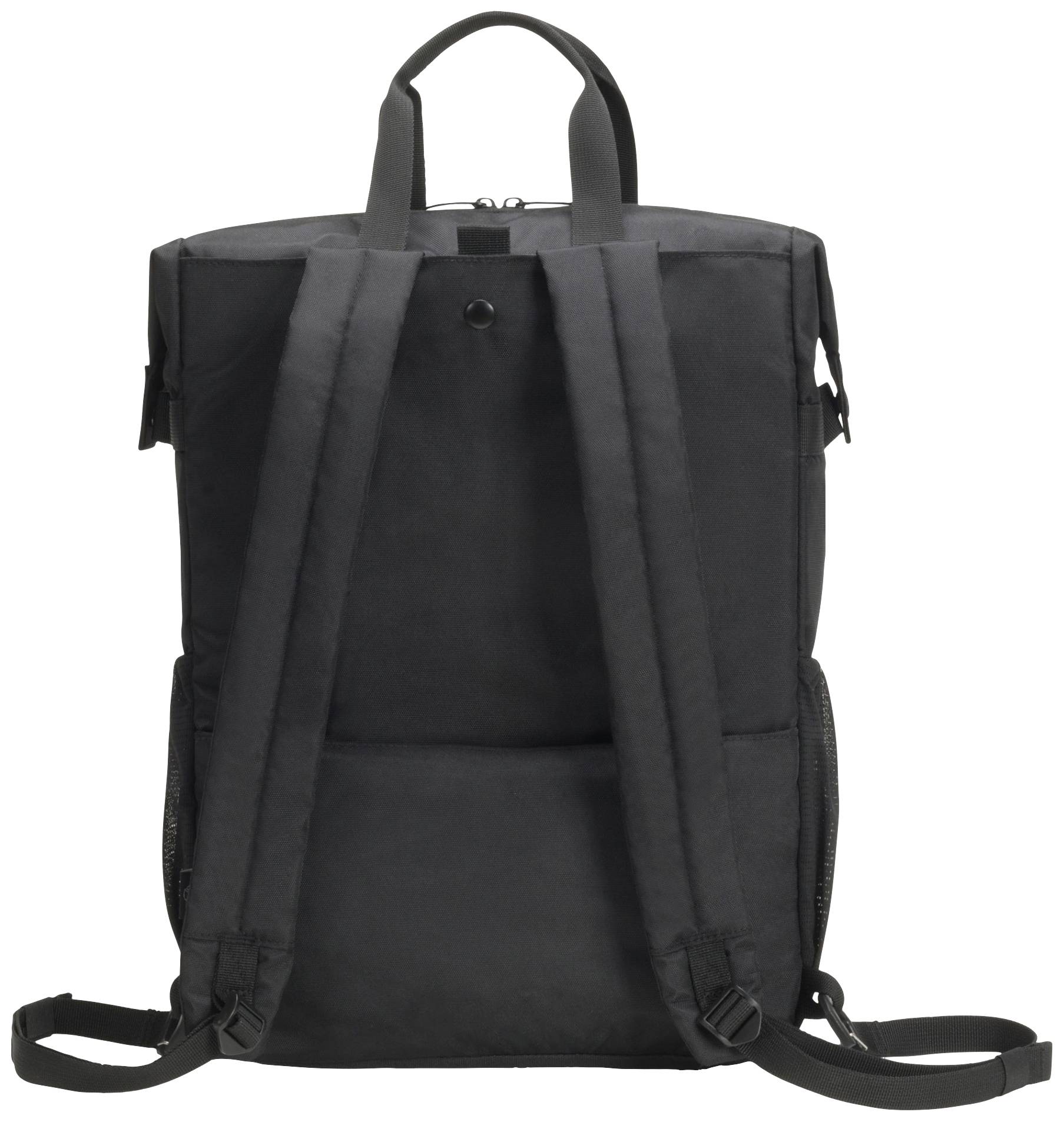 Un sac à dos noir avec deux bretelles et une poignée de transport supérieure, vu de dos. Idéal pour un usage quotidien ou les voyages.