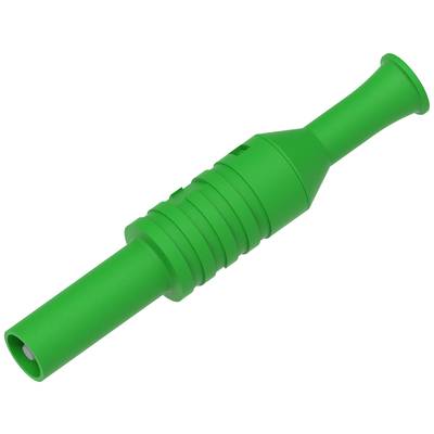 Un jouet en plastique vert, tubulaire, avec des rainures et une ouverture élargie à son extrémité.