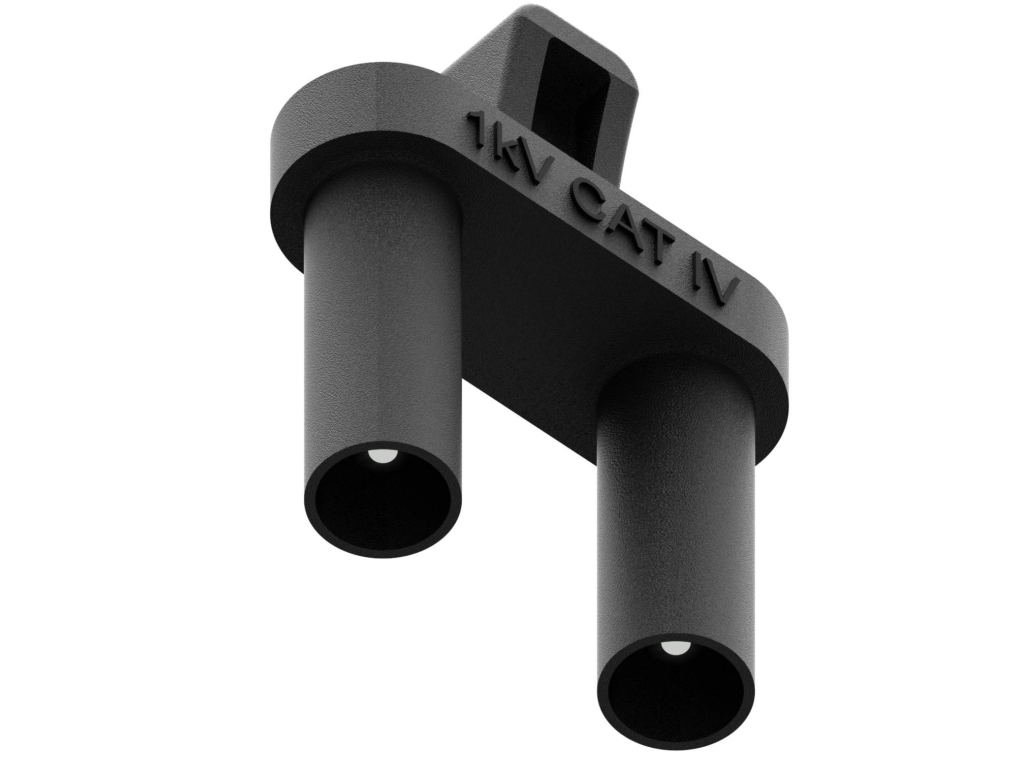 Fiche de test '1 kV CAT IV' pour appareils de mesure électriques, composée de deux contacts cylindriques noirs sur un boîtier en plastique.