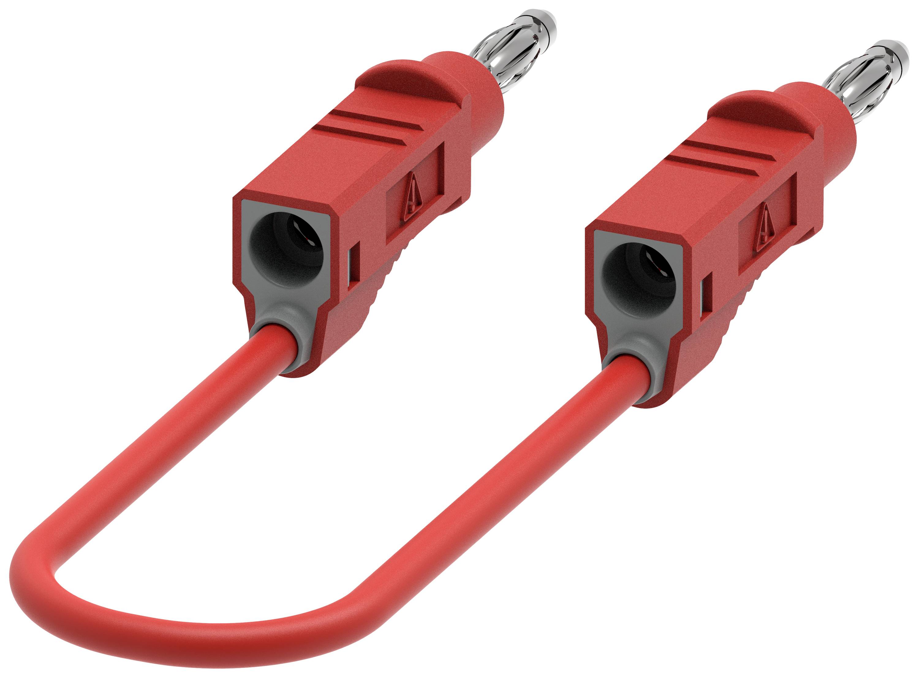 Un câble rouge avec deux fiches identiques, chacune dotée d'une pointe métallique et d'un capuchon de protection, sur un fond blanc.