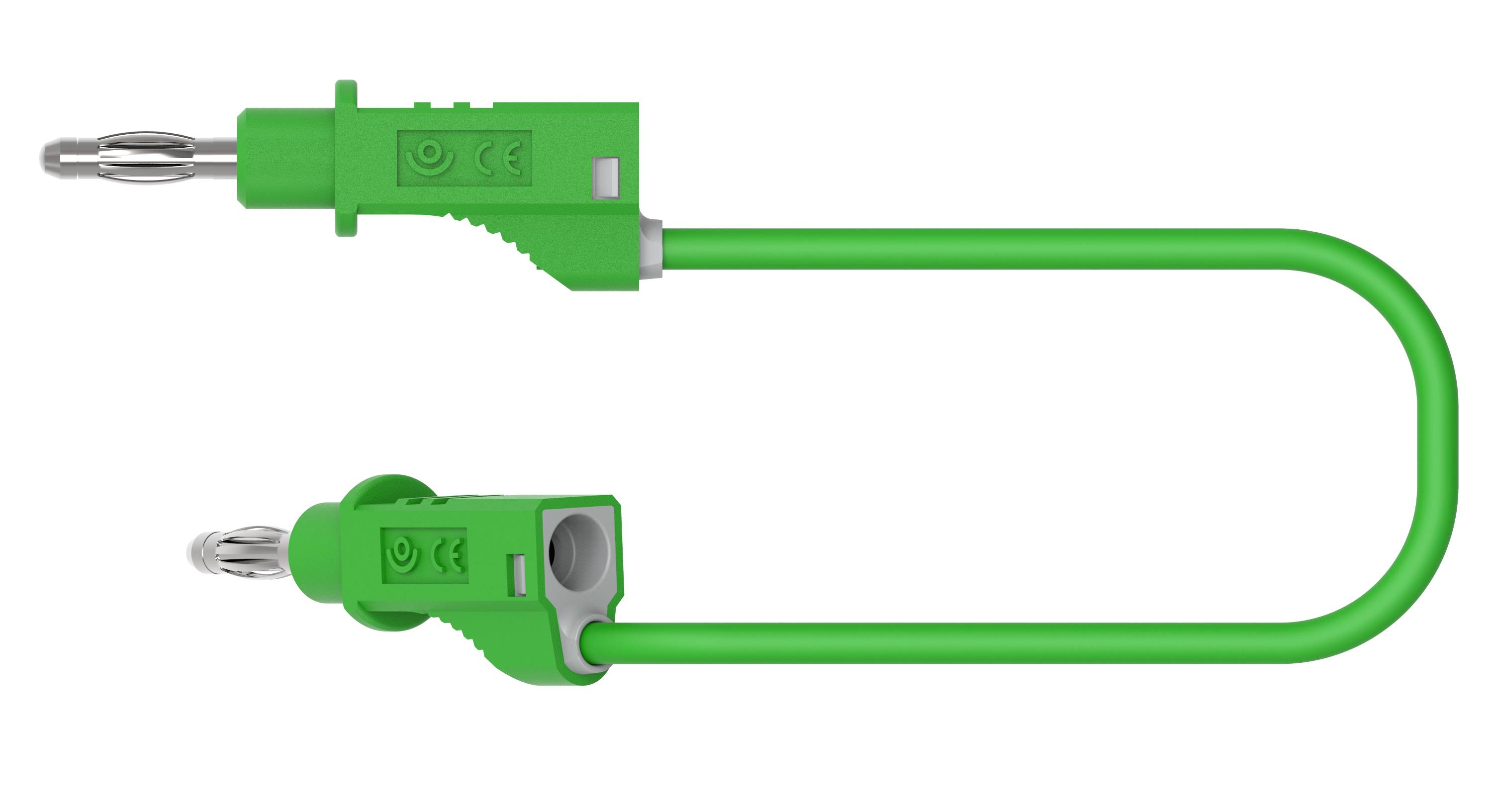 Câble de connexion vert avec deux fiches identiques, chacune présentant des marquages de sécurité et des contacts métalliques.