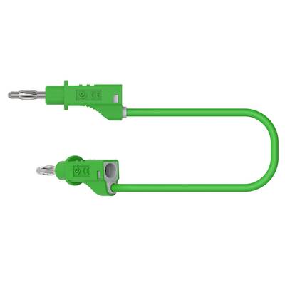 Câble de connexion vert avec deux fiches identiques, chacune présentant des marquages de sécurité et des contacts métalliques.