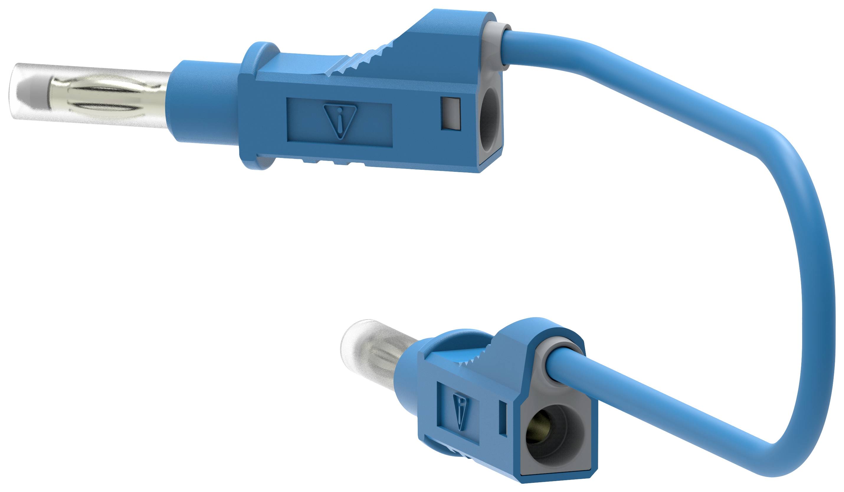 Deux dispositifs médicaux connectés avec des boîtiers bleus et des embouts transparents, vus de dessus. Le connecteur est courbé au milieu.