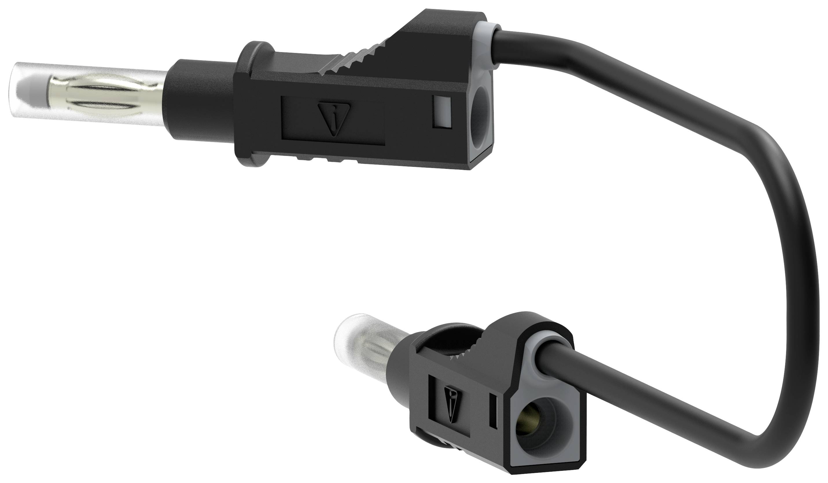 L'illustration montre une prise électronique noire à deux bornes avec un câble courbé, adaptée à différentes connexions.