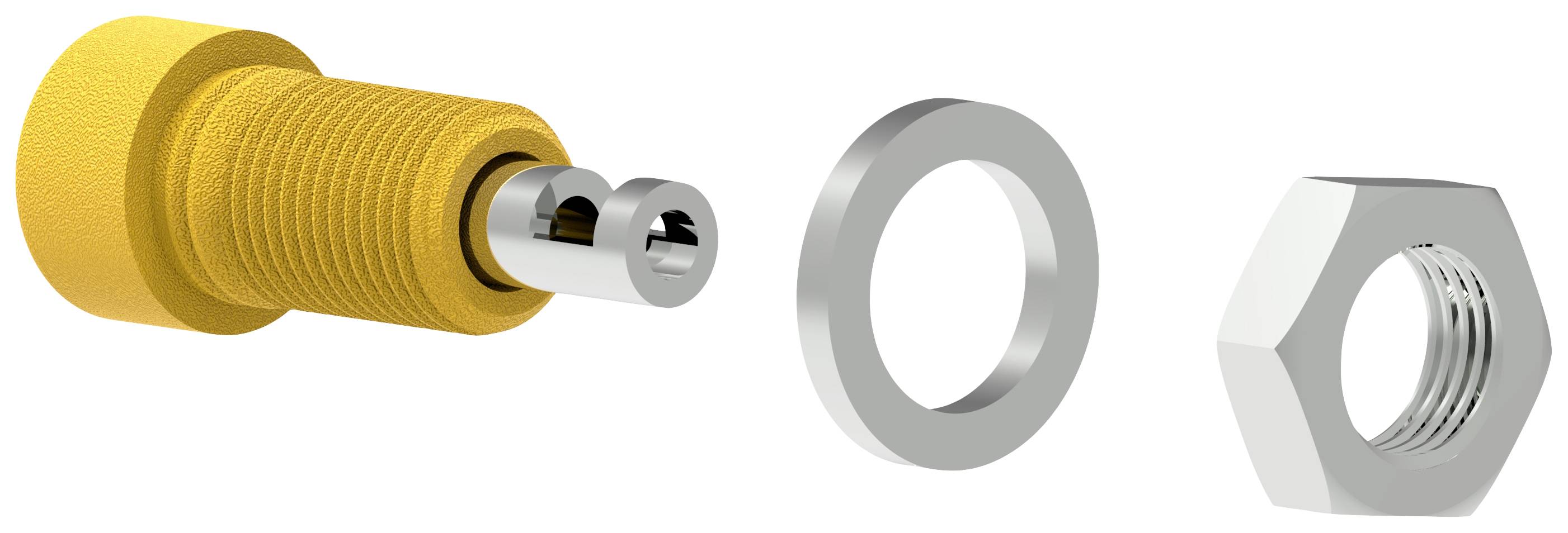 Vis jaune avec bague d'espacement et écrou hexagonal ; composants pour connexions mécaniques.