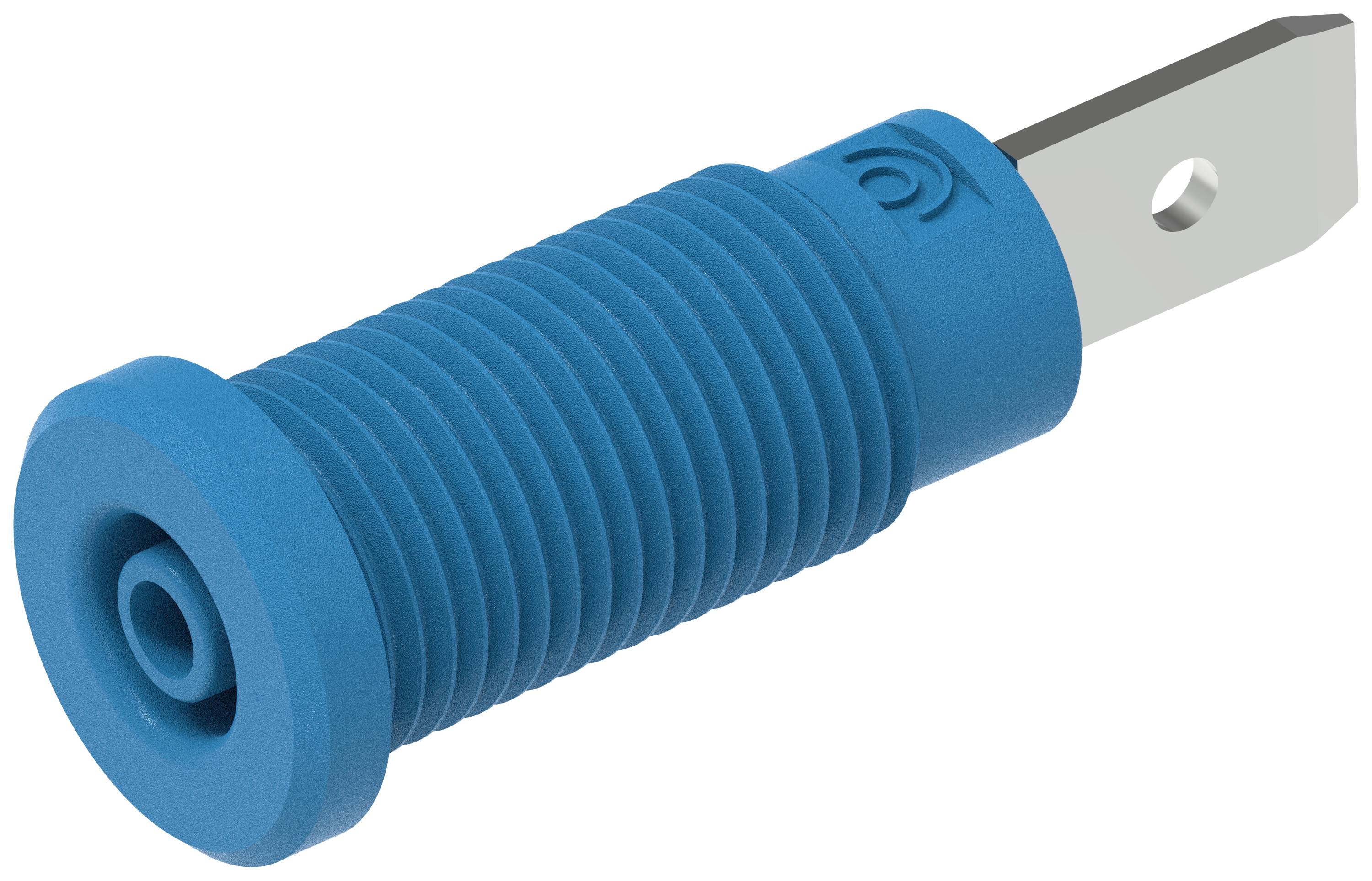 Une poignée en plastique bleu nervurée avec une cheville de fixation plate et métallique.