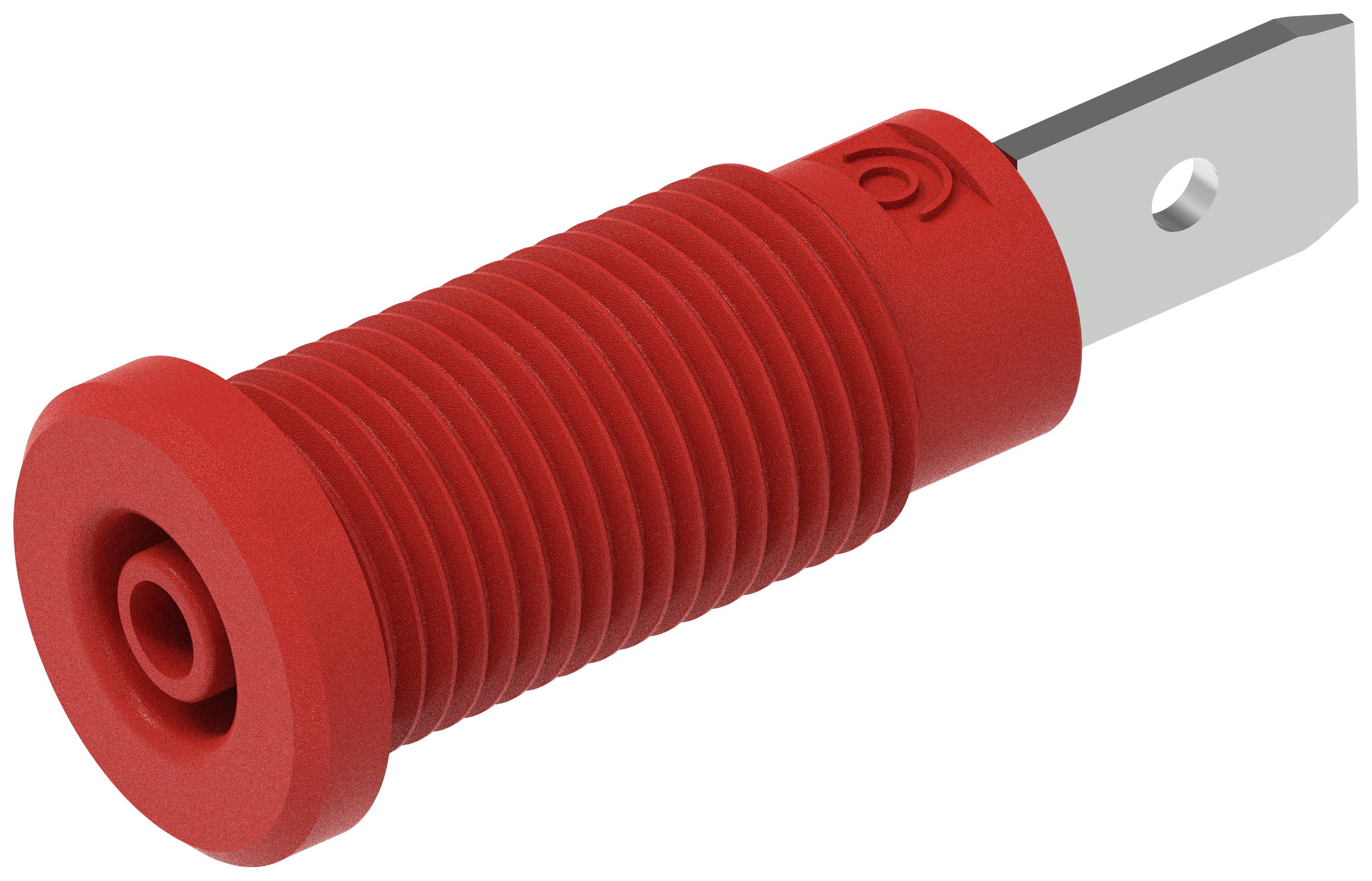 Élément rouge avec une poignée striée et une extrémité métallique plate. Semble servir d'élément de connexion ou de support dans un contexte technique.