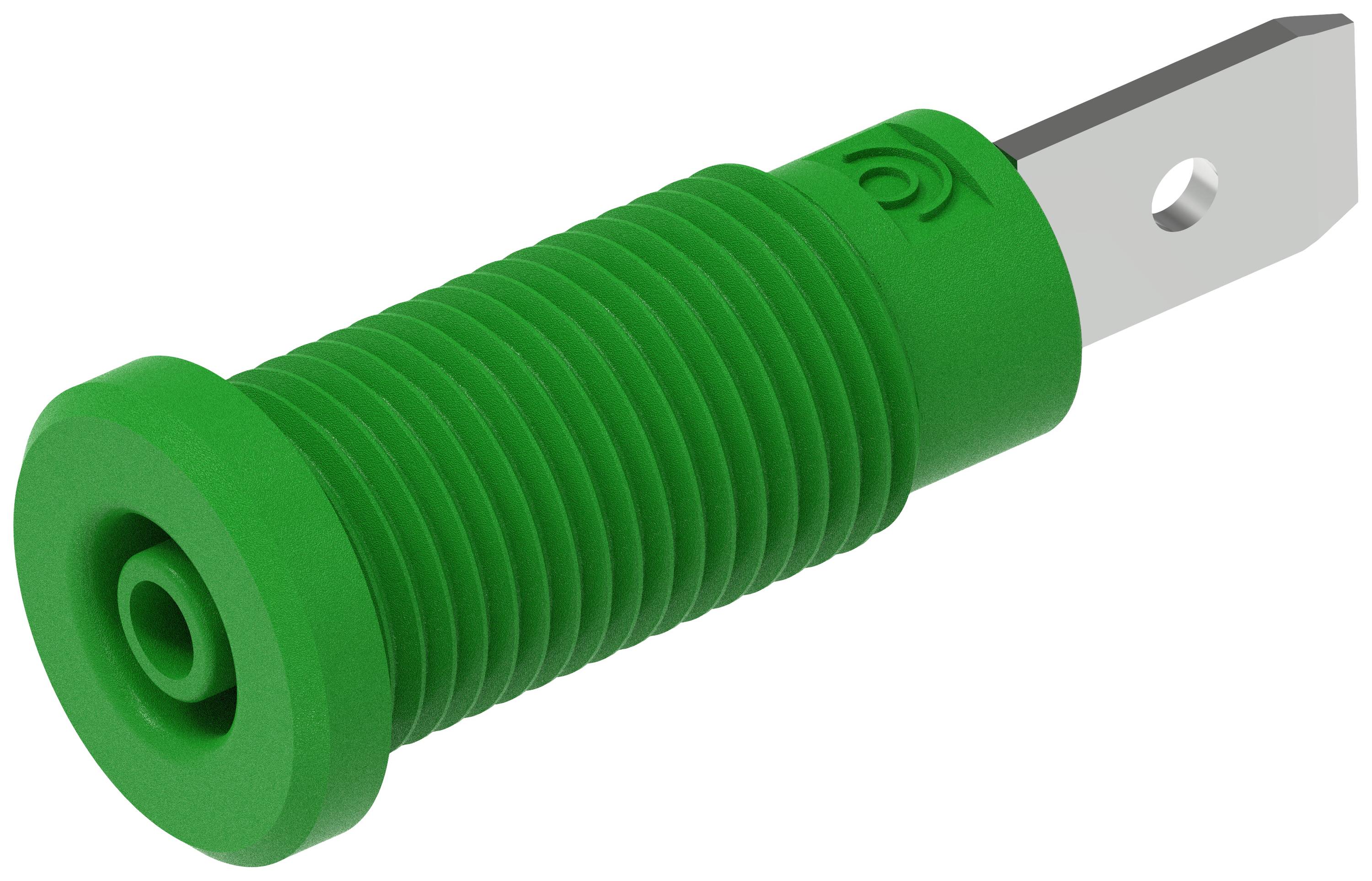 Poignée cylindrique verte avec surface striée et tige métallique plate.