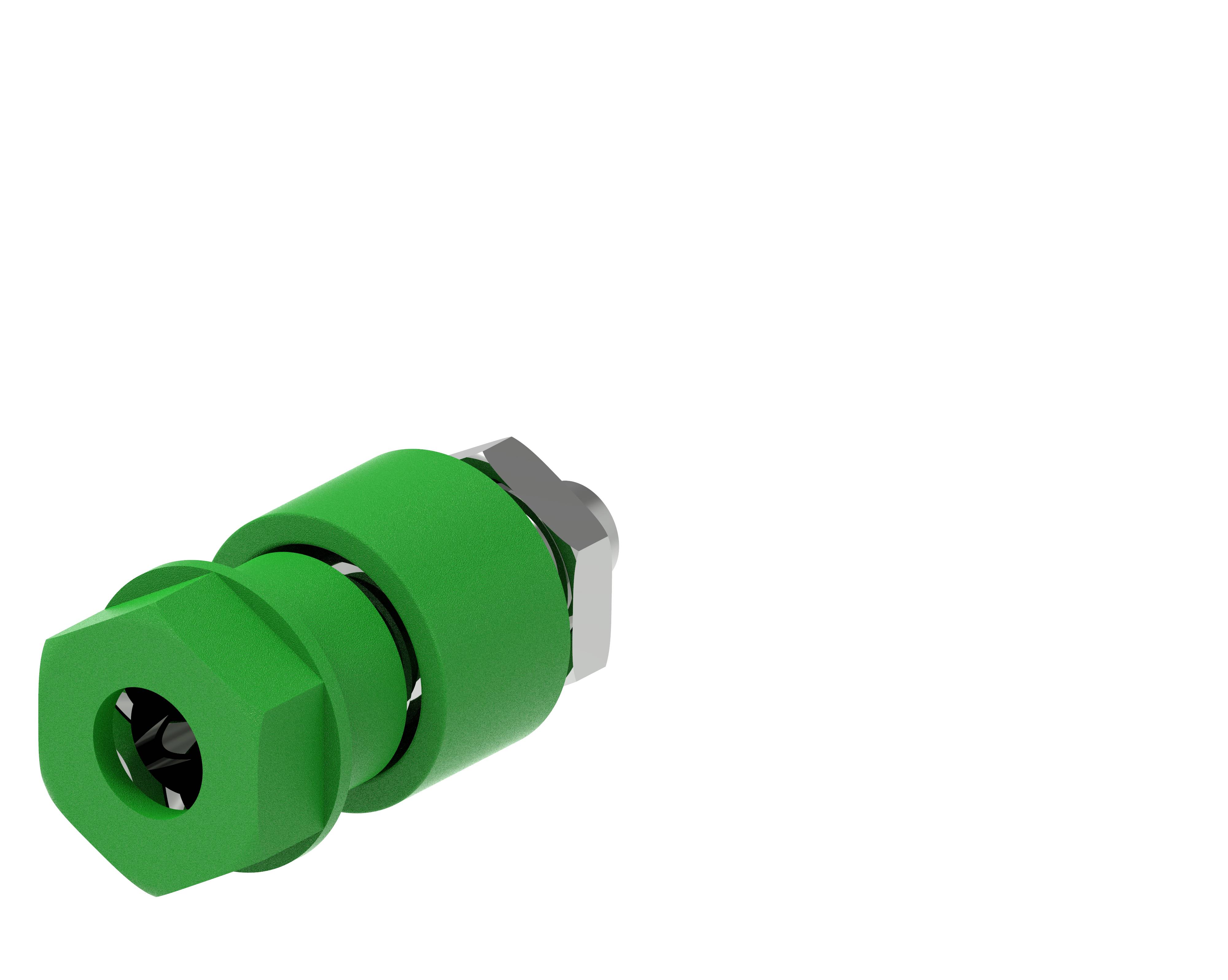 Boulon vert avec écrou hexagonal et filetage argenté, représenté en perspective de côté.