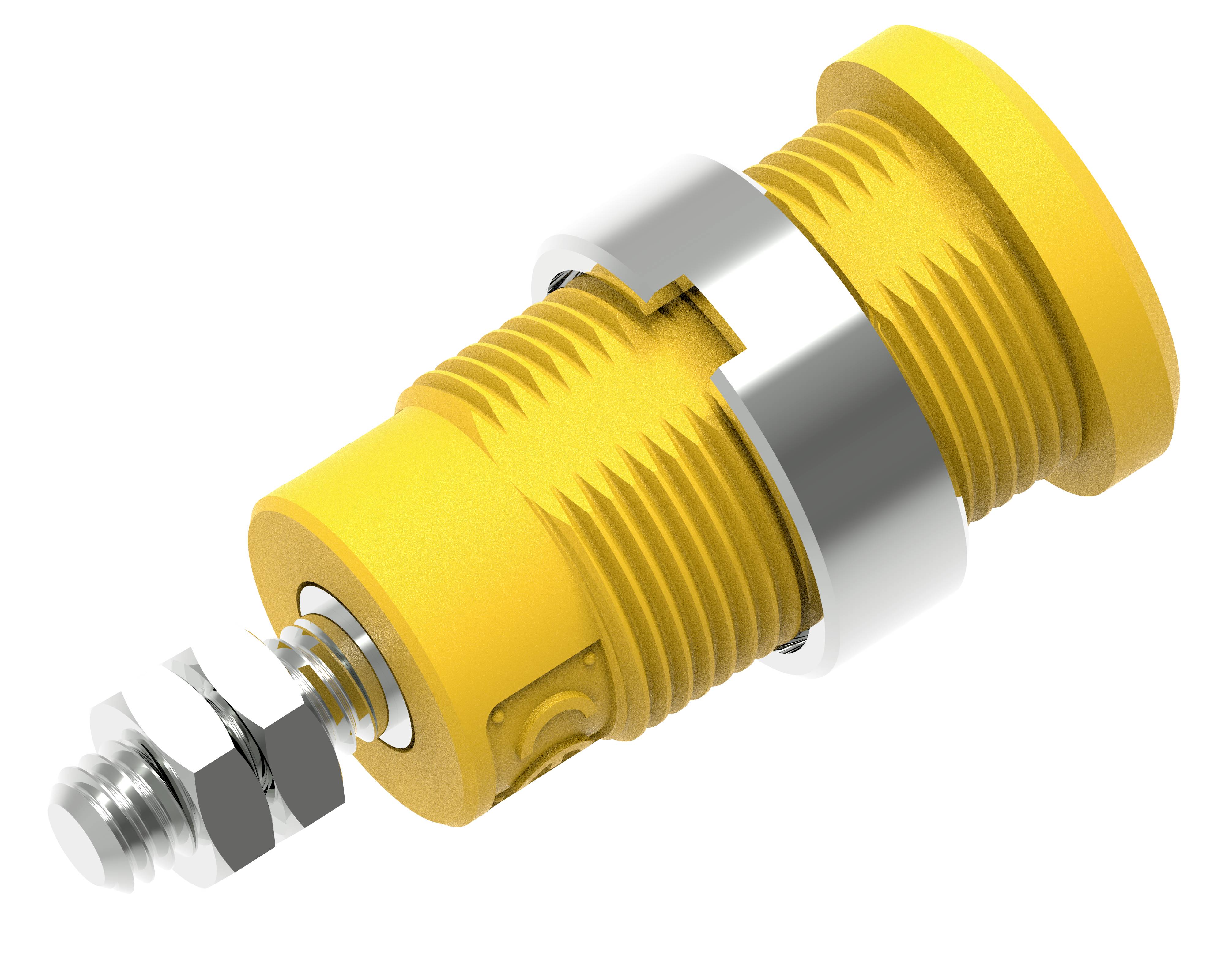 Un adaptateur de vis jaune, métallique, de forme cylindrique avec une poignée annulaire.