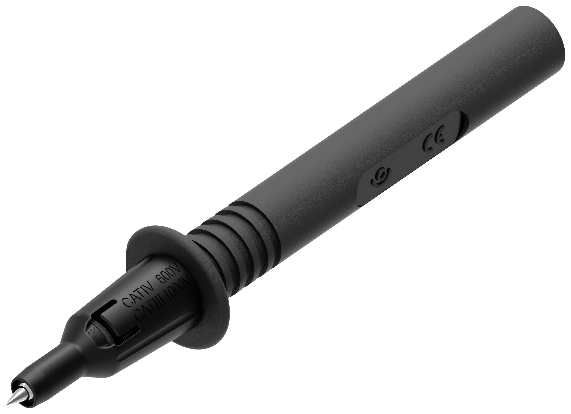 Un stylo testeur de multimètre noir avec une poignée striée et une pointe métallique fine.