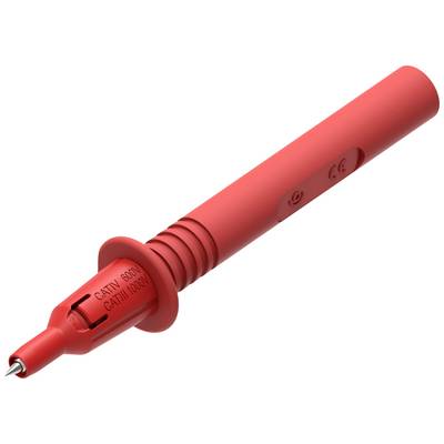 Accessoire de pointe de test rouge avec tige isolée et pointe métallique, adapté aux mesures électriques jusqu'à 600 volts.
