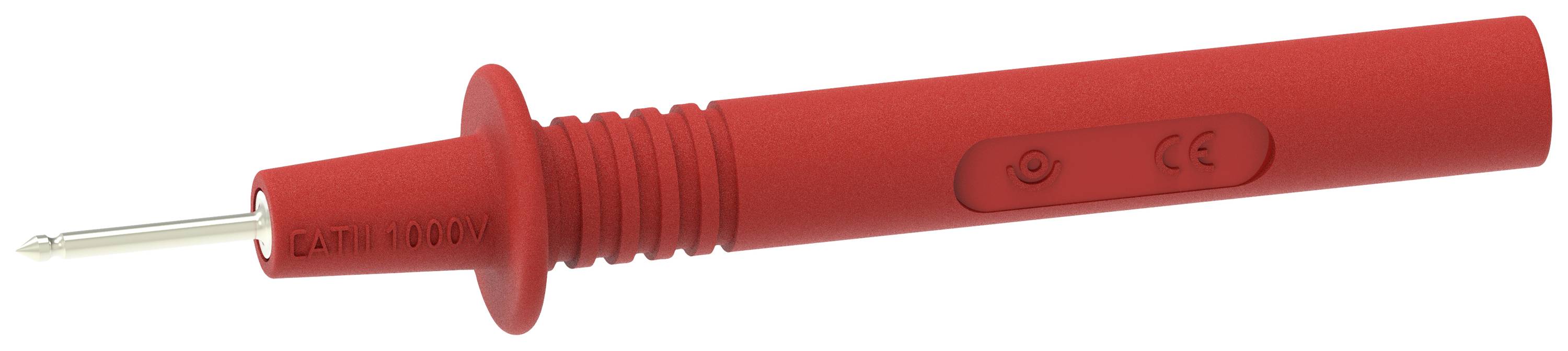 Un stylo testeur de tension rouge avec une pointe en métal et une poignée striée, adapté pour vérifier la présence de tension dans les circuits électriques.