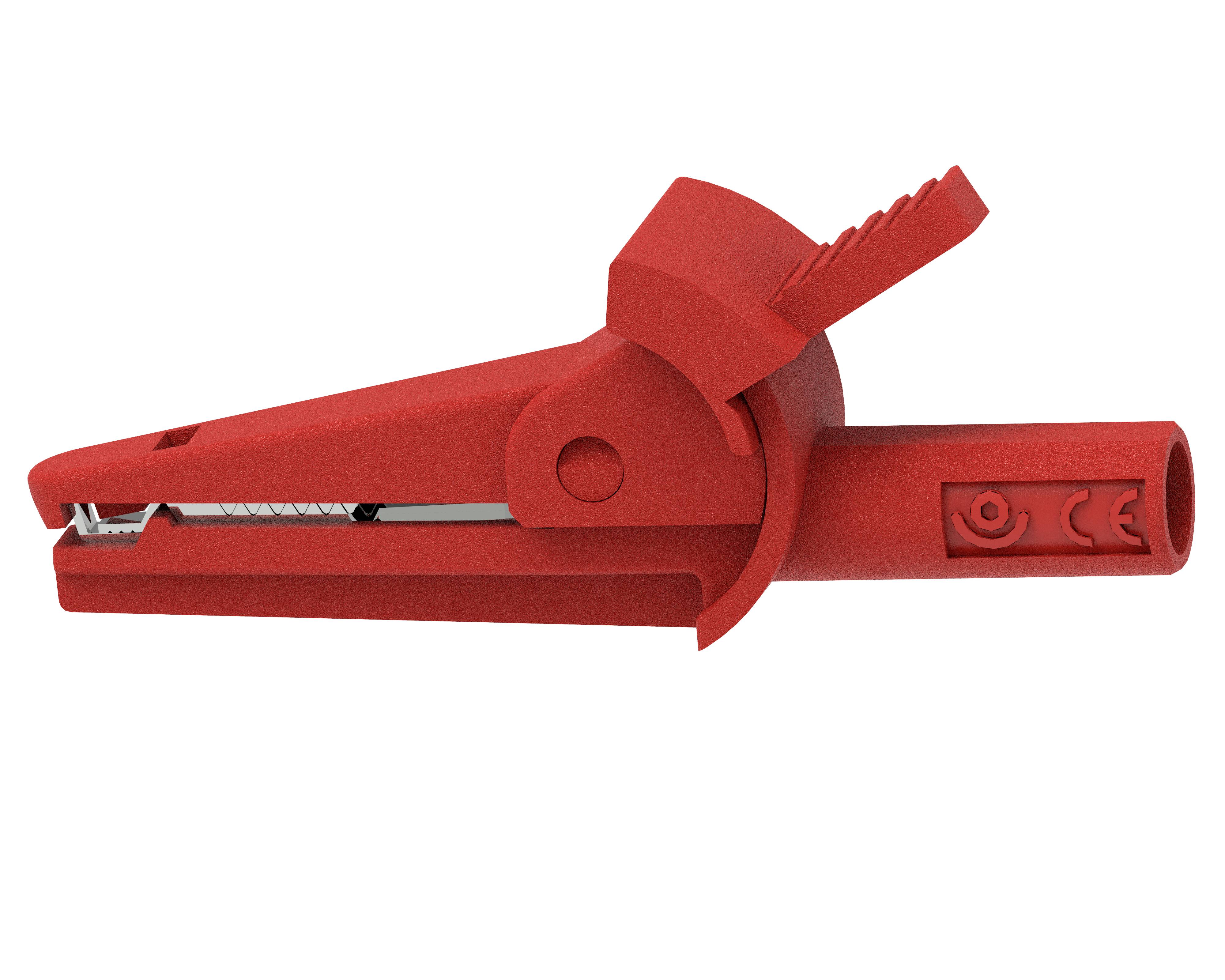 Pince crocodile rouge avec mécanisme à ressort et symboles latéraux pour la connexion ou la mesure électrique dans un circuit.