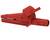 Pince crocodile rouge en plastique avec capot de protection, typiquement utilisée pour les connexions électriques.