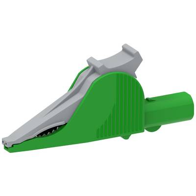 Un adaptateur pince-crocodile vert en plastique, représenté de côté, avec un clip gris pour les connexions électriques et la fixation de câbles.