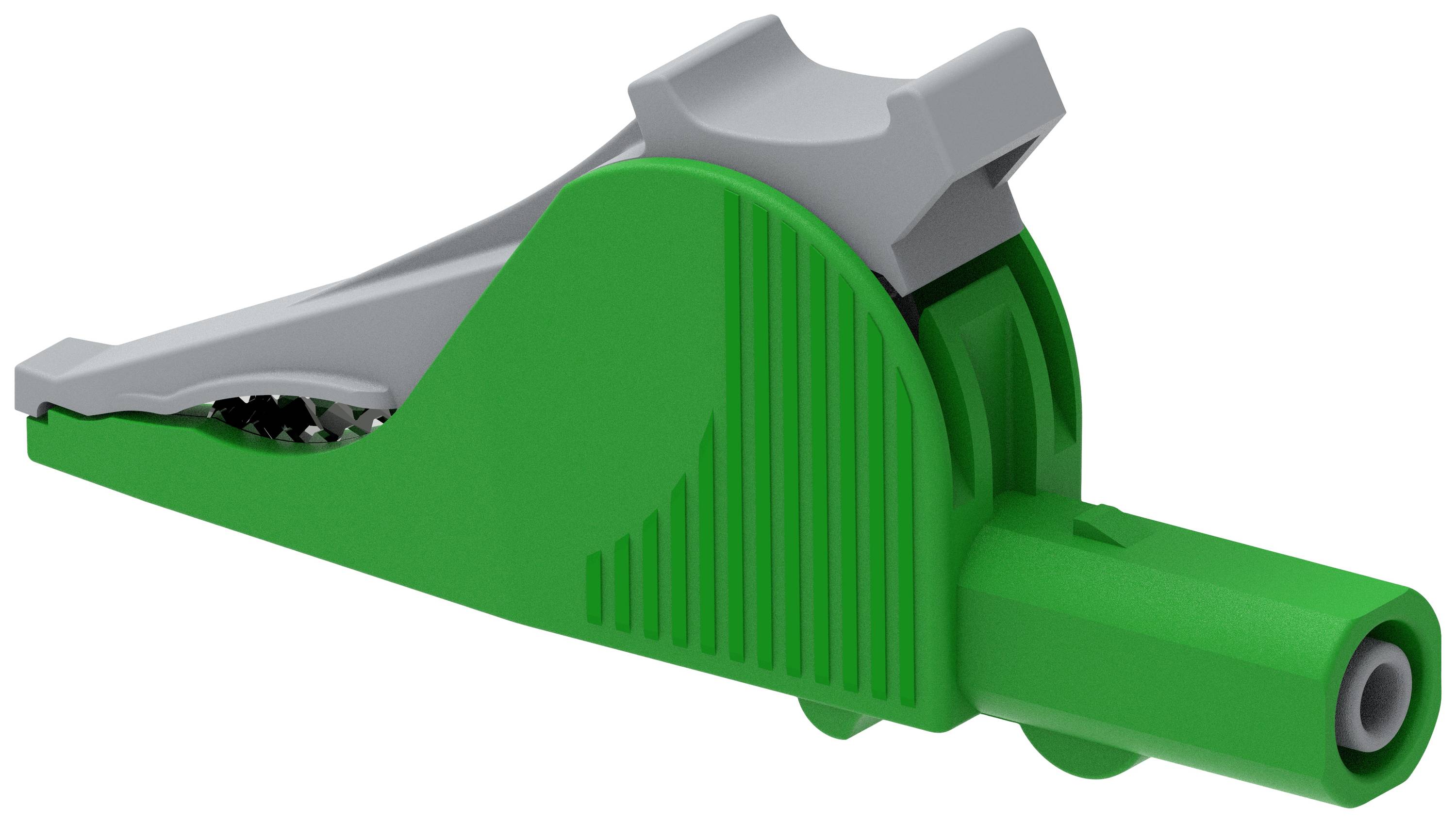 Une pince crocodile verte avec un levier gris, utilisée pour connecter en toute sécurité des câbles électriques dans les environnements de laboratoire.