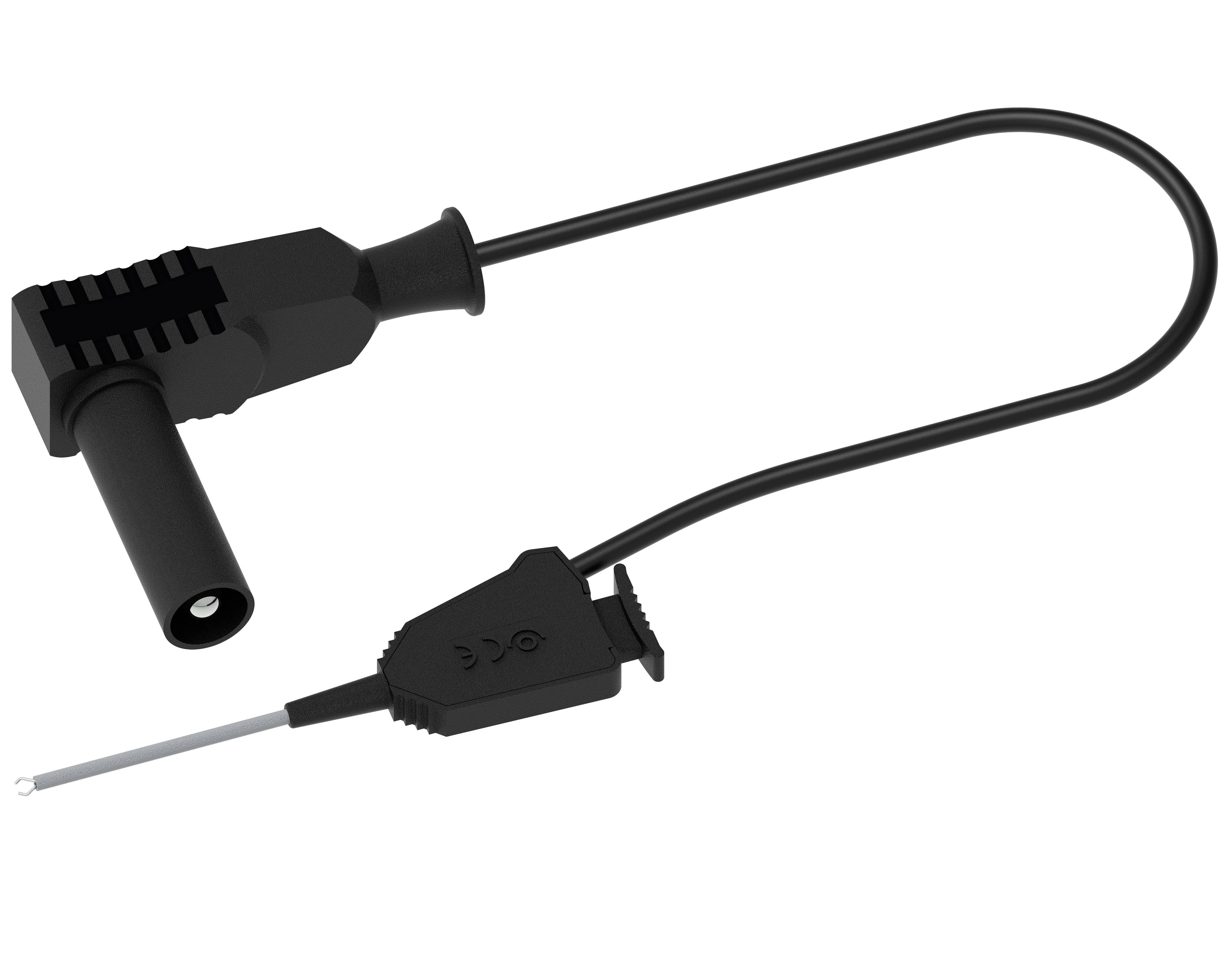 Un câble noir avec un connecteur cylindrique d'un côté et une fiche plate de l'autre.