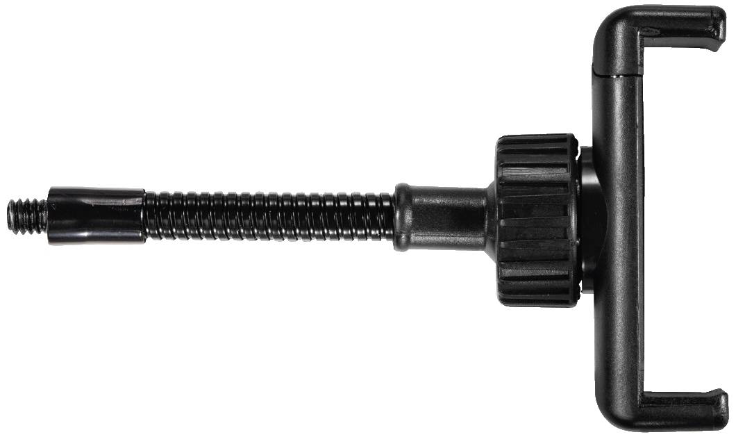 Un bras de serre-joint industriel noir avec poignée rotative, adapté pour serrer ou maintenir des pièces de travail.