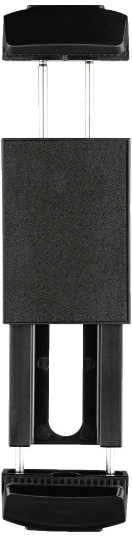 Support de smartphone noir stable avec des pinces réglables pour une fixation sur différentes surfaces.
