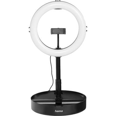 Un anneau lumineux LED circulaire monté sur un support noir avec un support de smartphone réglable au centre.