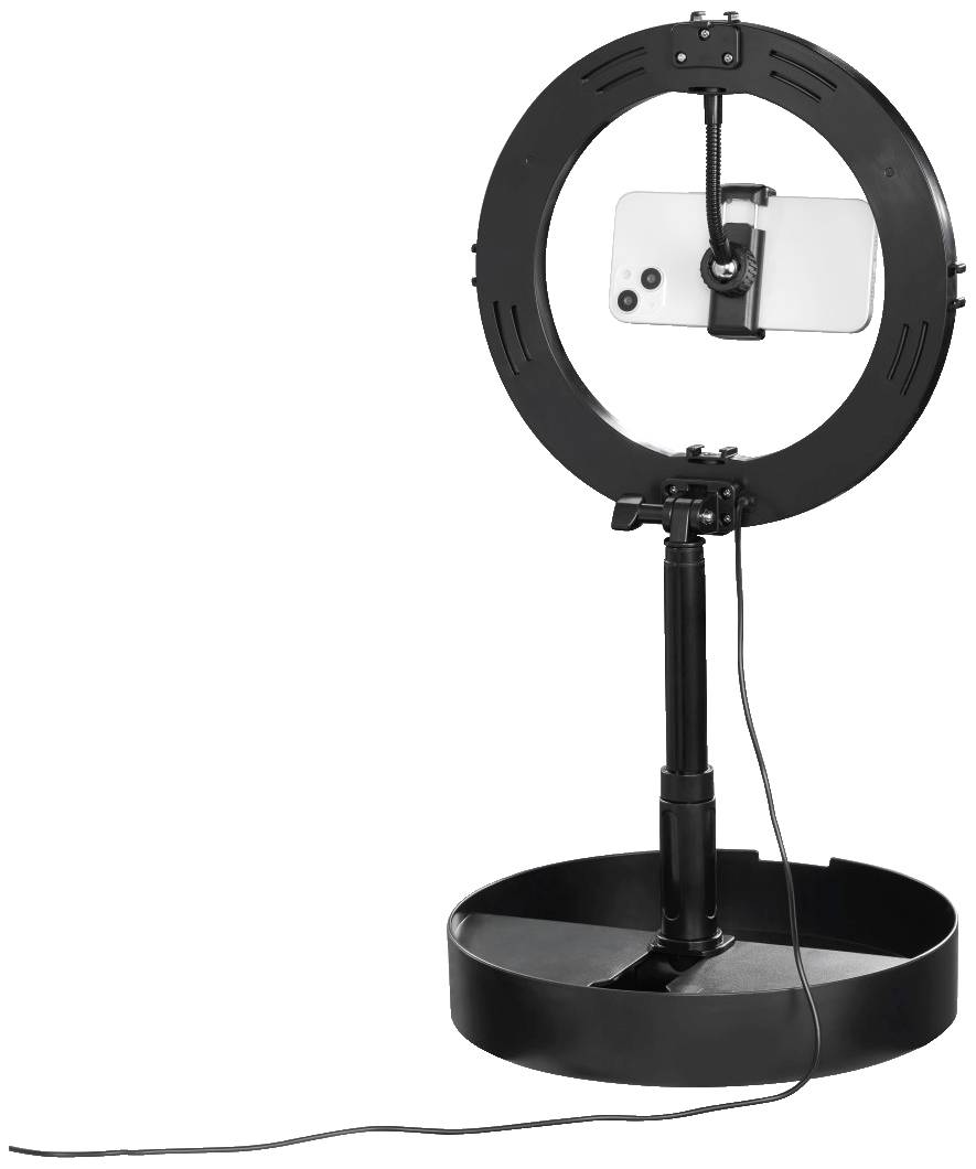 Anneau lumineux avec support de téléphone, idéal pour les enregistrements vidéo. Pied noir réglable, avec câble USB visible.