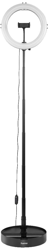 Un éclairage annulaire LED avec trépied réglable et support pour smartphone, idéal pour la photographie ou les vidéoconférences.