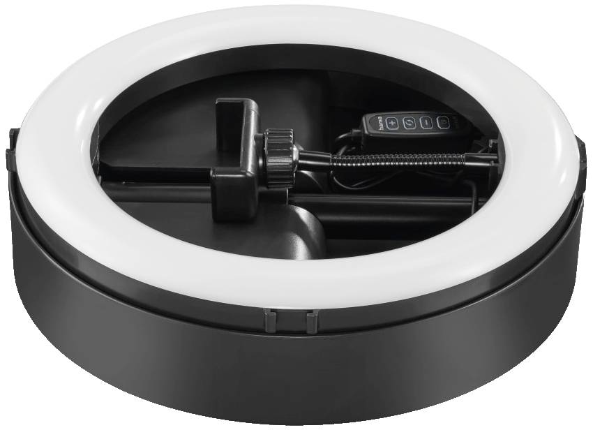 Un éclairage LED portable circulaire avec boîtier noir et contrôle de luminosité. Idéal pour la photographie et la production vidéo.