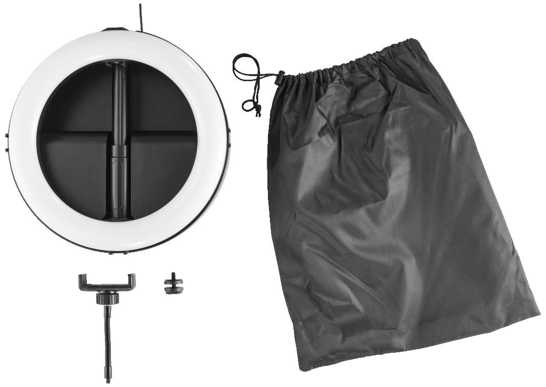 Anneau lumineux avec fixation sur trépied et pochette noire. Adapté pour les prises de photographies ou de vidéos afin d'améliorer l'éclairage.