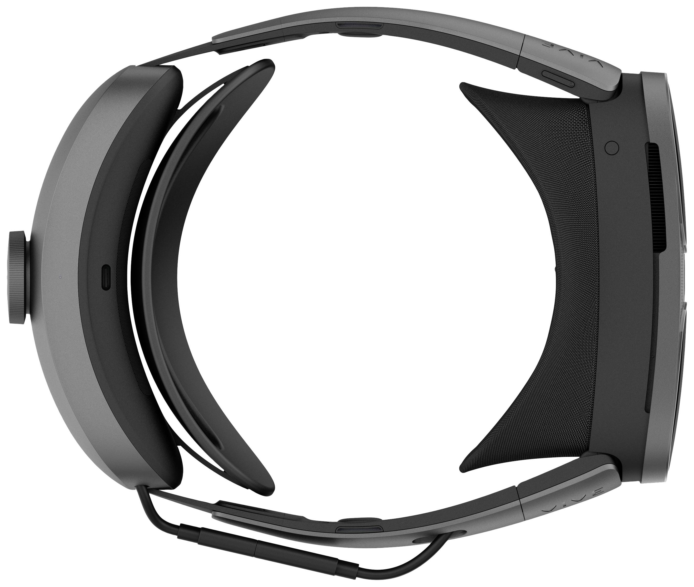 Casque de réalité virtuelle vu de dessus, avec une sangle réglable, des coussinets doux et plusieurs éléments de commande.