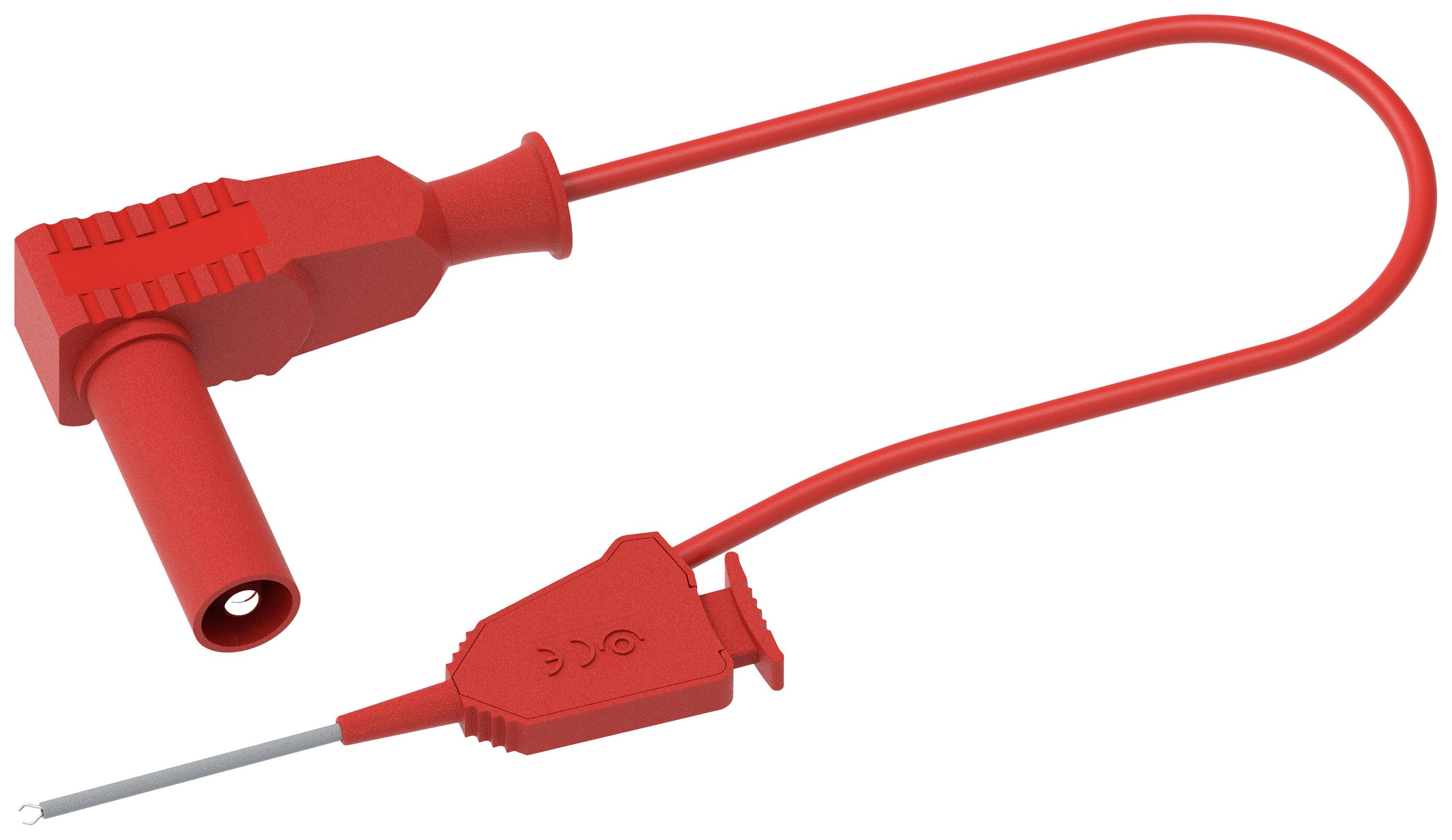 Câble adaptateur de test rouge avec fiche banane et capteur à pointe. Utilisé pour les mesures électriques.