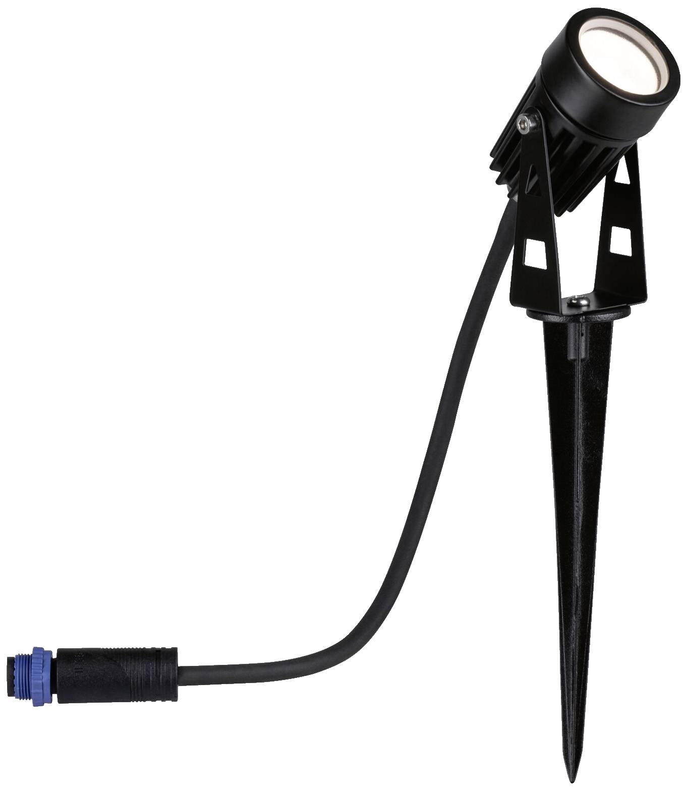 Un projecteur de jardin noir avec piquet de terre et câble. Le projecteur dispose d'un luminaire rond monté sur des supports ajustables pour un éclairage directionnel précis.