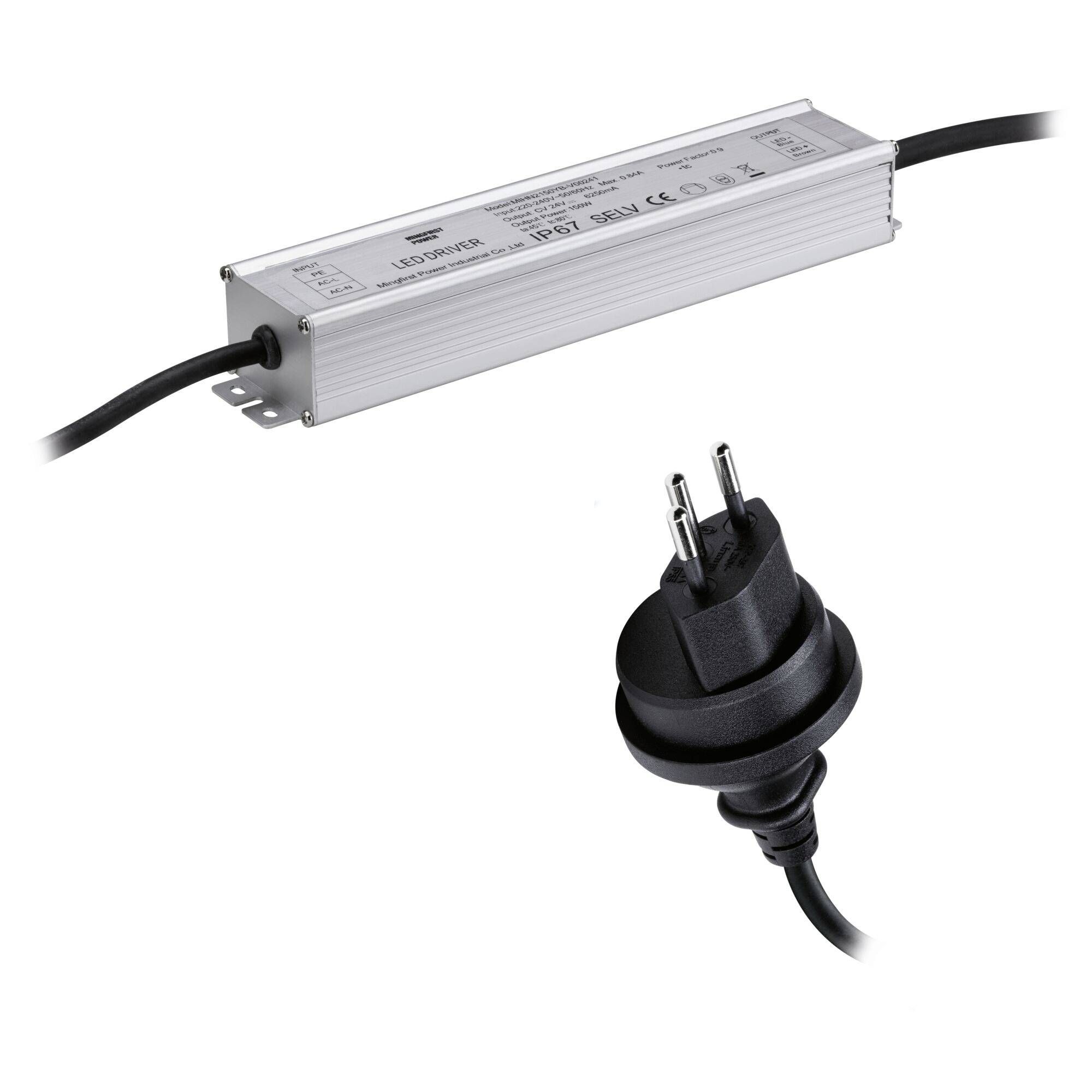 Bloc d'alimentation LED argenté avec câble secteur noir et prise européenne. Adapté pour une utilisation dans les systèmes d'éclairage LED.