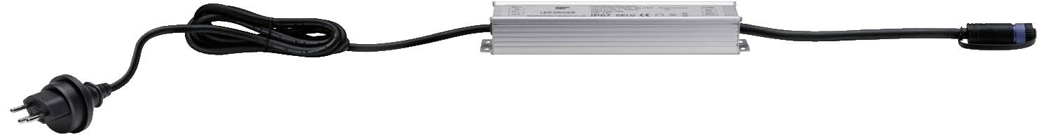 Un bloc d'alimentation LED rectangulaire avec un câble secteur noir et une fiche sur le côté gauche ainsi qu'un connecteur sur le côté droit.