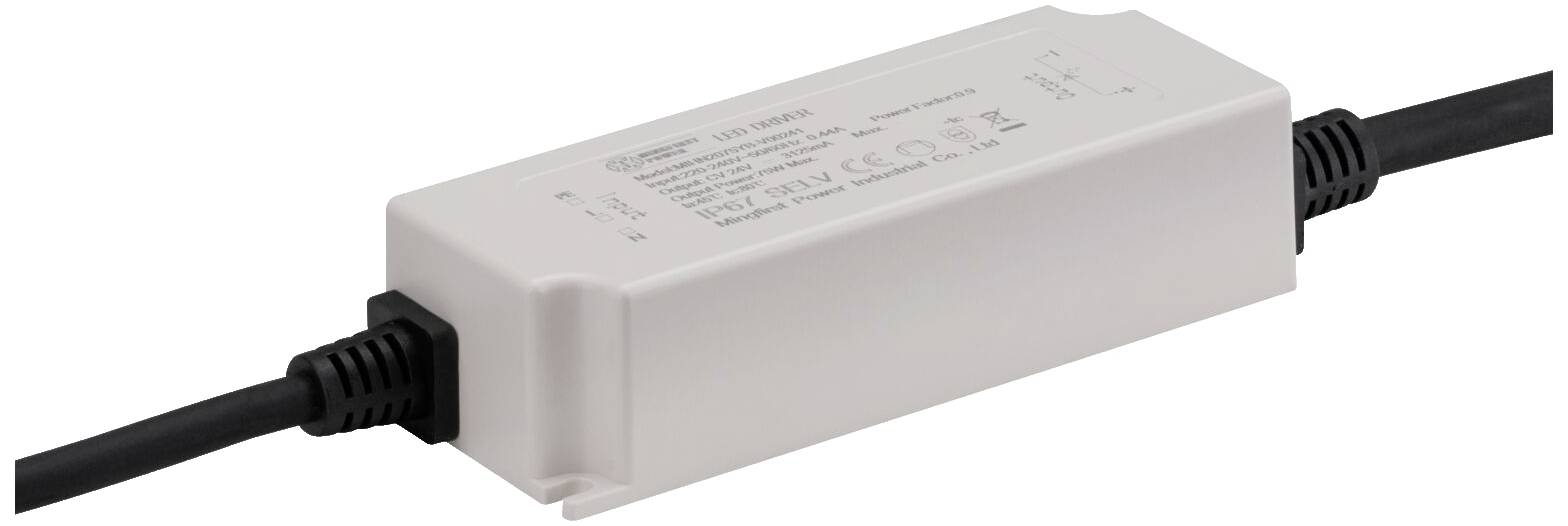 Pilote LED rectangulaire blanc avec des connexions de câbles aux deux extrémités. Contient des détails techniques et des marquages sur sa surface supérieure.