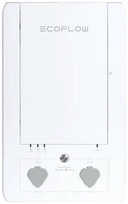 Station d'énergie EcoFlow blanche avec boîtier protégé, deux prises électriques et plusieurs options de connexion pour une alimentation électrique fiable.