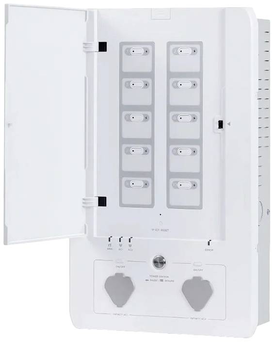 Un boîtier de télécommunications blanc avec une porte ouverte, contenant dix emplacements pour modems ou appareils. Des connexions sont situées en bas.