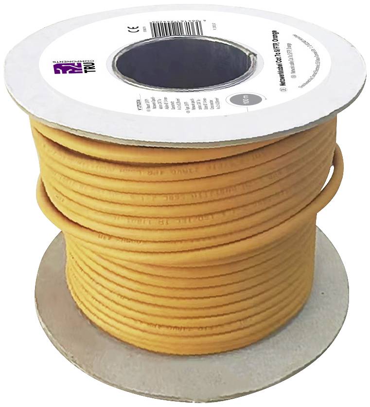 Bobine de câble orange avec un support circulaire, adaptée pour les installations réseau.