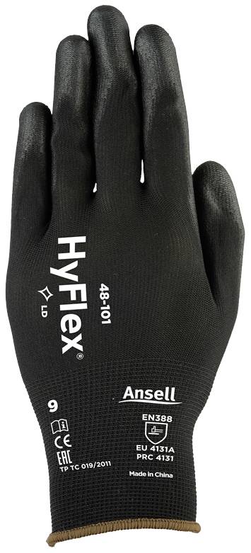 Gant de protection portant l'inscription 'HyFlex 48-101', fabriqué par Ansell. Taille 9, certifié EN388, noir avec bordure marron.