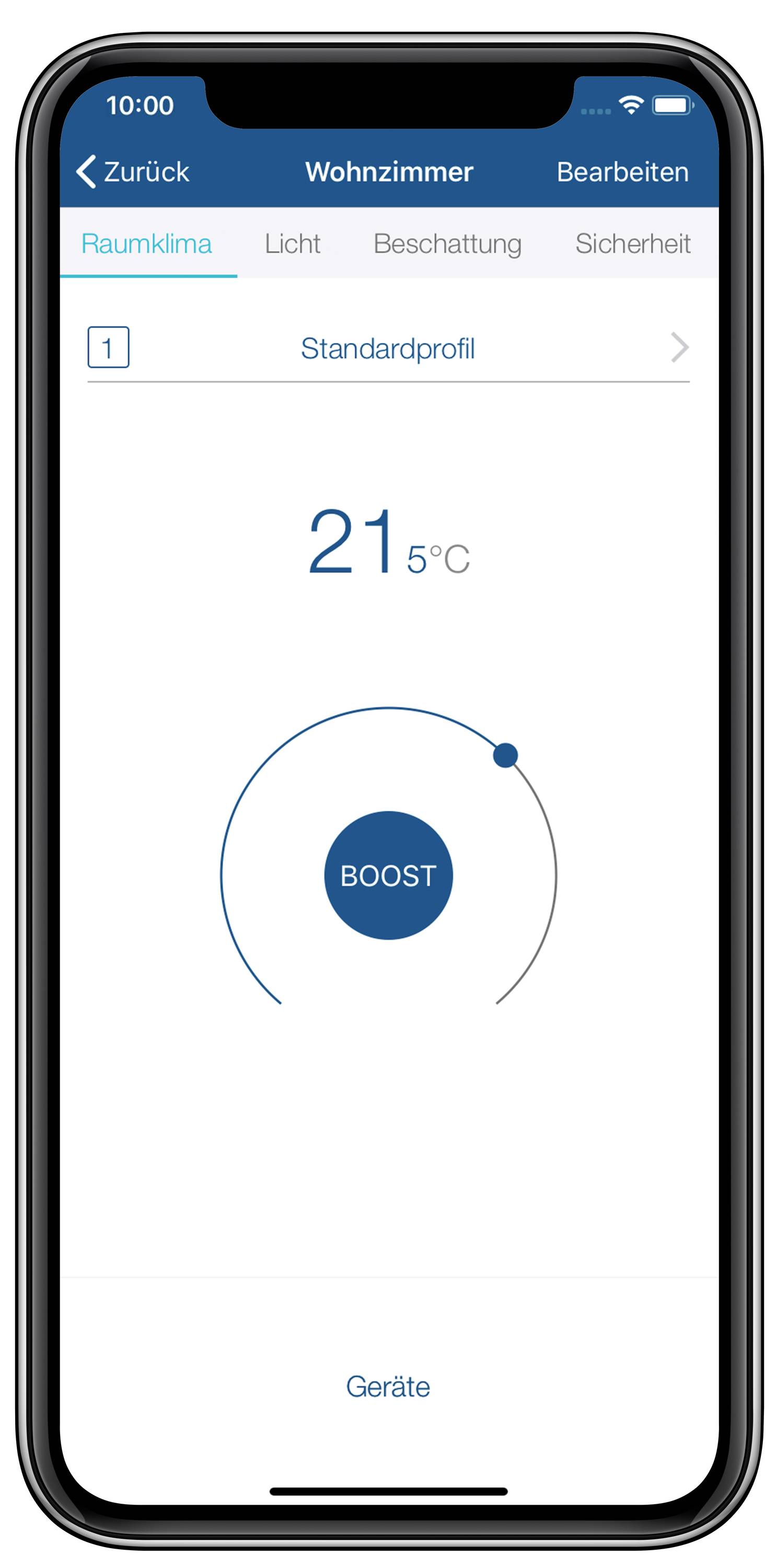 Écran d'application mobile pour le contrôle de l'ambiance climatique. Affiche 21,5°C avec la fonction 'BOOST' activée. Options : Climat intérieur, Lumière, Occultation, Sécurité.