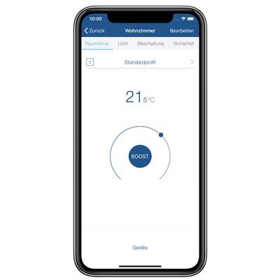 Écran d'application mobile pour le contrôle de l'ambiance climatique. Affiche 21,5°C avec la fonction 'BOOST' activée. Options : Climat intérieur, Lumière, Occultation, Sécurité.