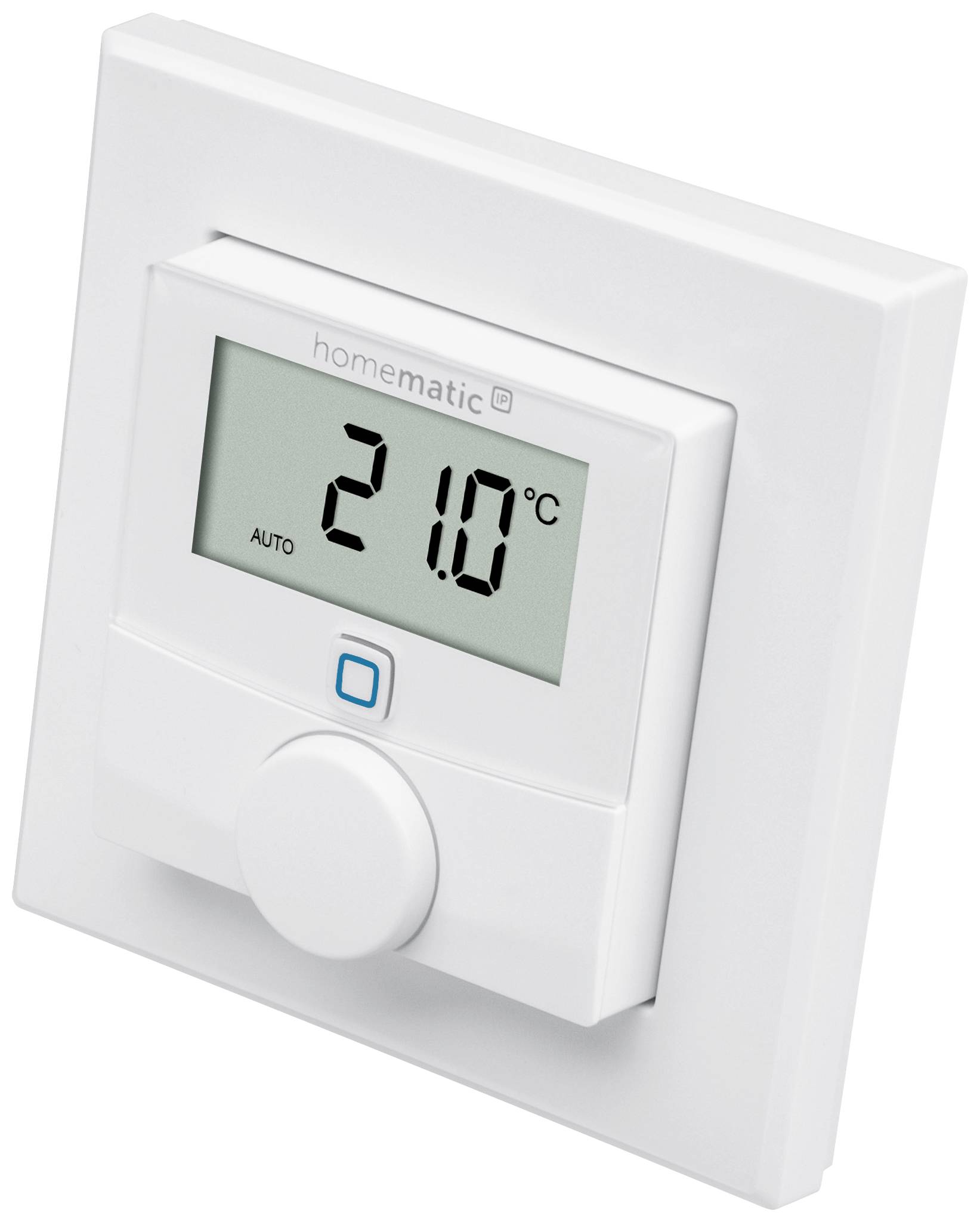 Un thermostat mural numérique affiche 21,0 degrés Celsius.
